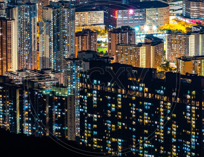 Hong Kong Night Scape With Building or Sky Scraper  Lights Forming a Background