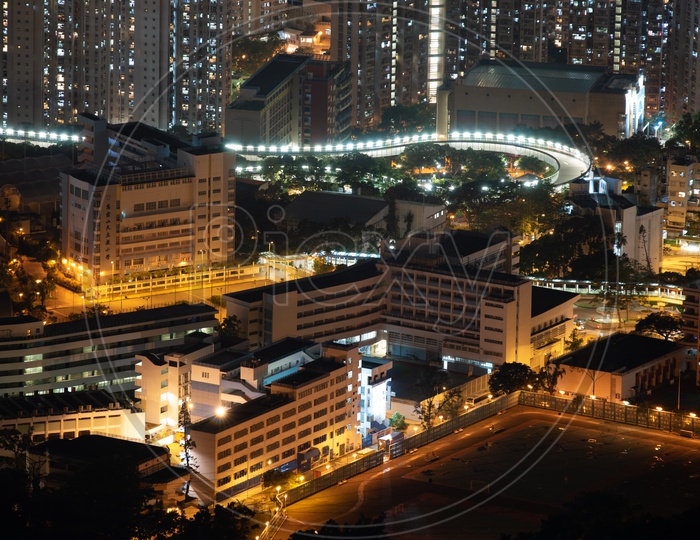 Hong Kong City Night Scape With Streets And Buildings
