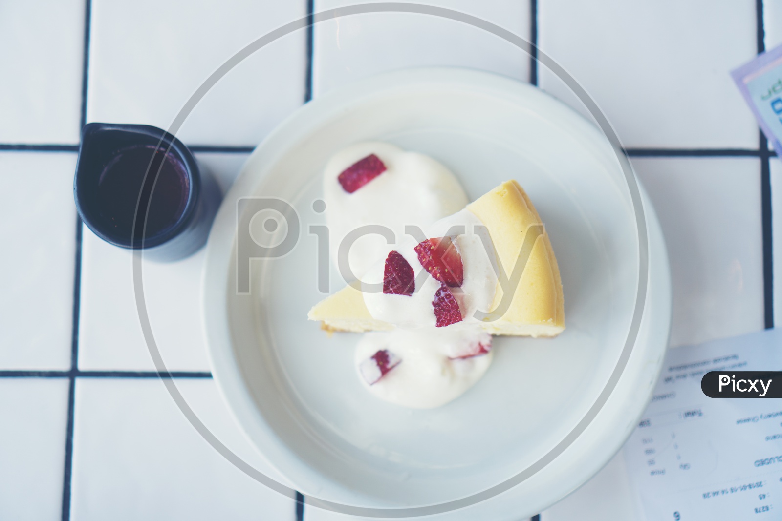 strawberry cheese cake on a Cafe Table