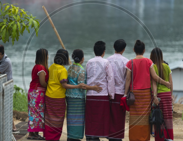 Tourists At Wooden Bridge or Mon Bridge  in Sangkhla Buri , Thailand
