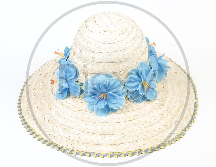 straw summer hat with colorful  flowers on Isolated Background