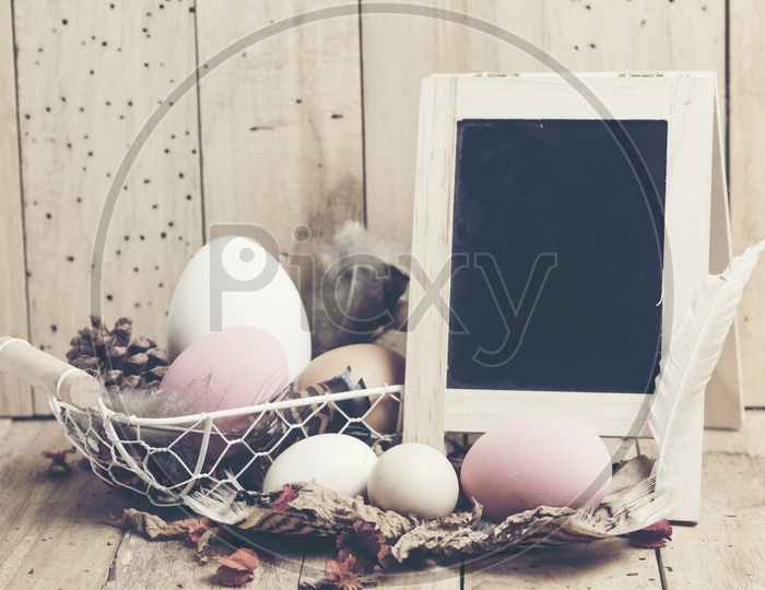 Ester background with colorful easter eggs, vintage filter image