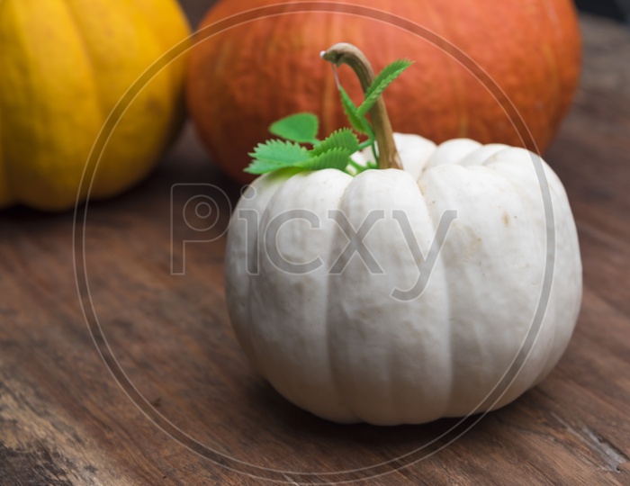 Raw pumpkins on wooden table background