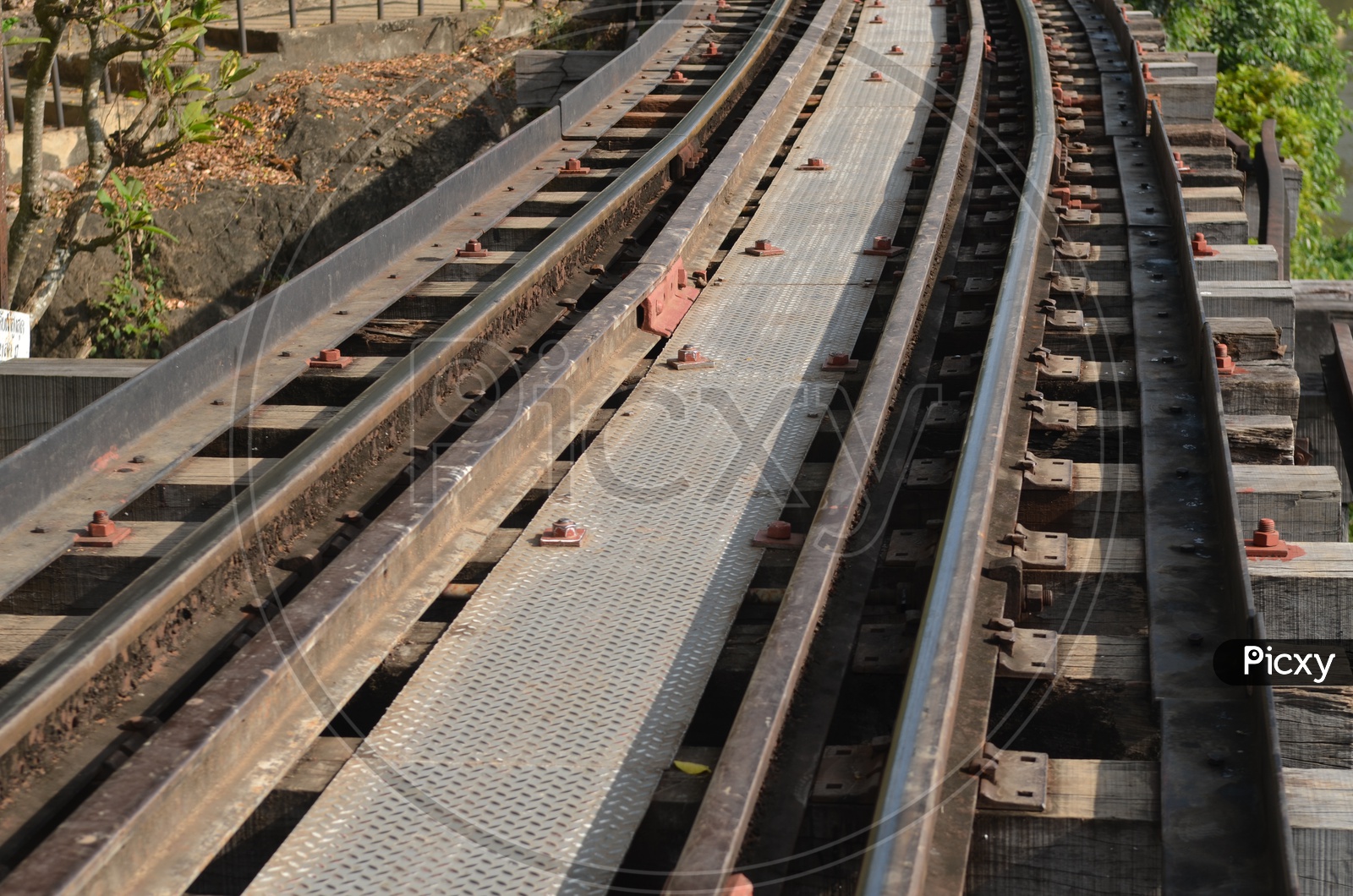 Horizontal closeup of railway lines or tracks