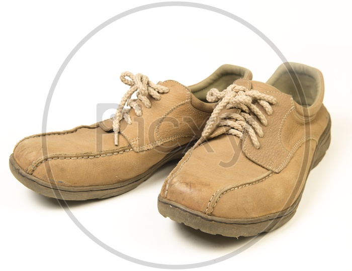 Brown leather men's shoes with wooden shoe stretchers on the side