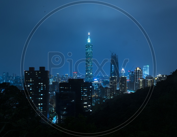 Taipei City Nightscape with Sky Scrapers And High Rise Buildings