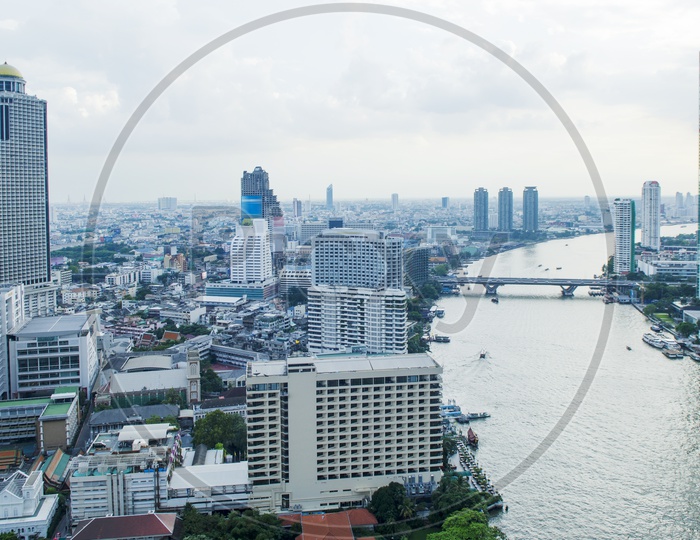 Bangkok Cityscape With Chao Phraya River And High Rise building  Top View