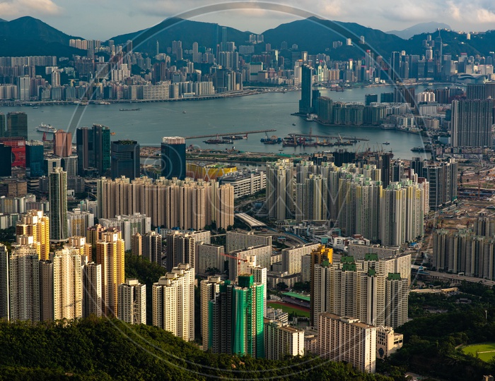 Hong Kong cityscape With sky scraper building and River Fronts