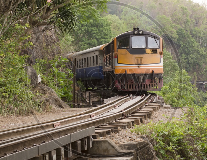 Train Running On The  Thailand- Burma Railway Line Built During World War II