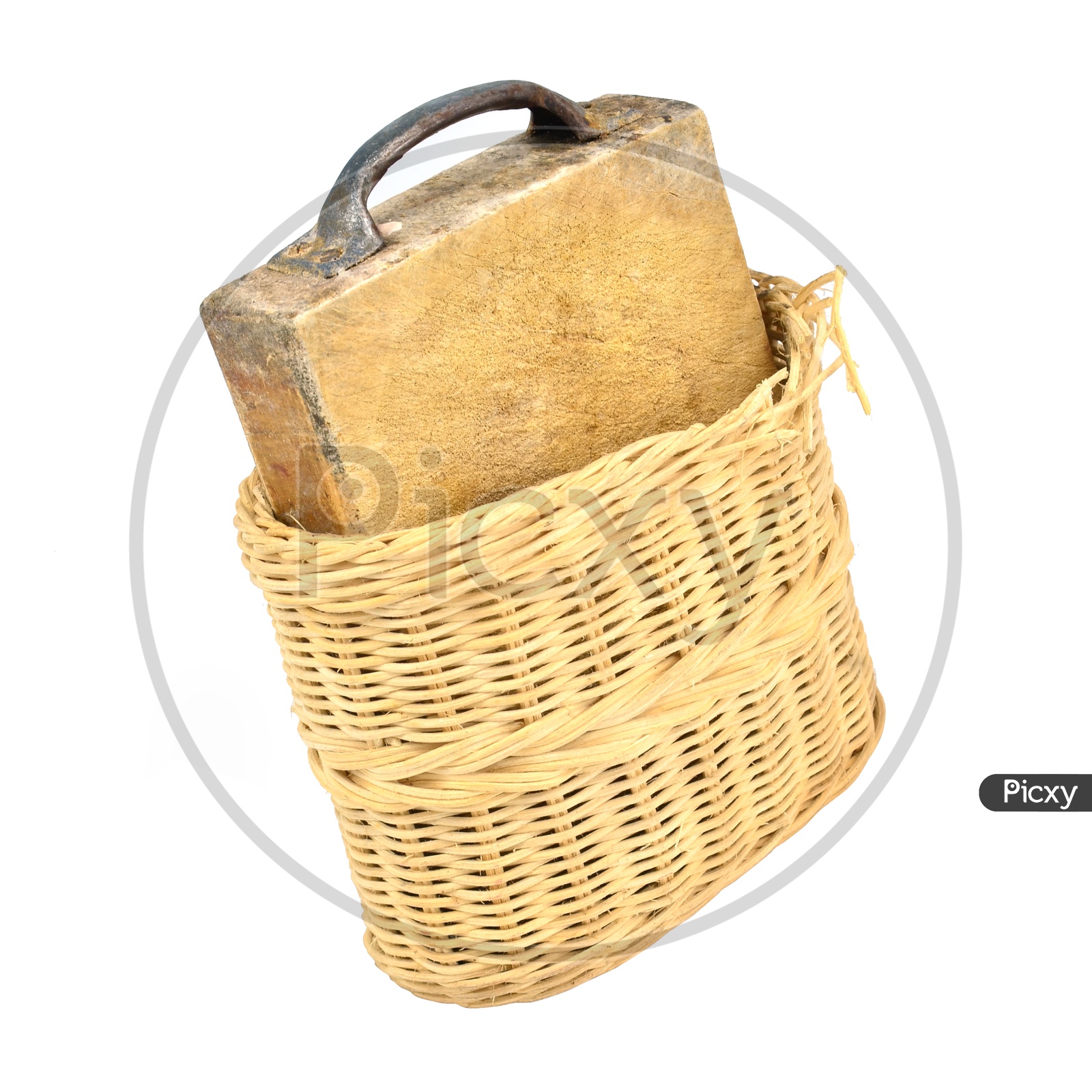 Wooden cutting board in a Wooden Weaved  basket On an isolated white background