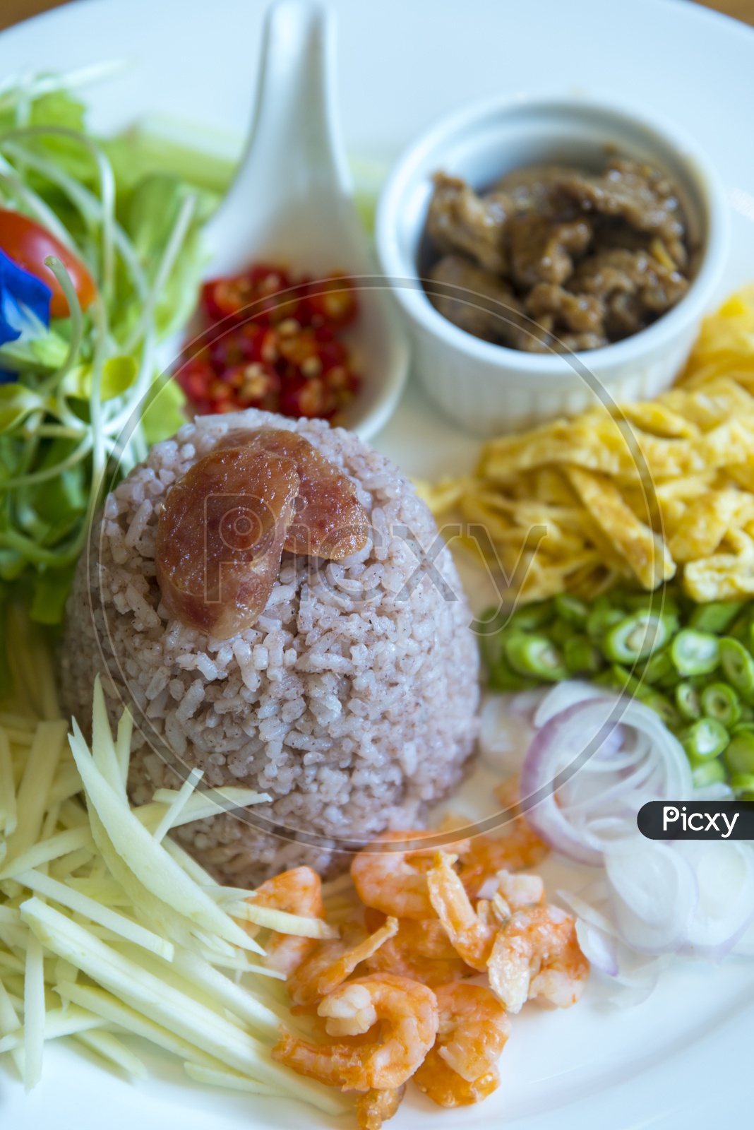 Thai food Rice Platter With Pork and Fresh Veggies