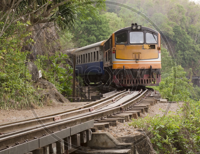 vintage train Running On The Death Railway Track