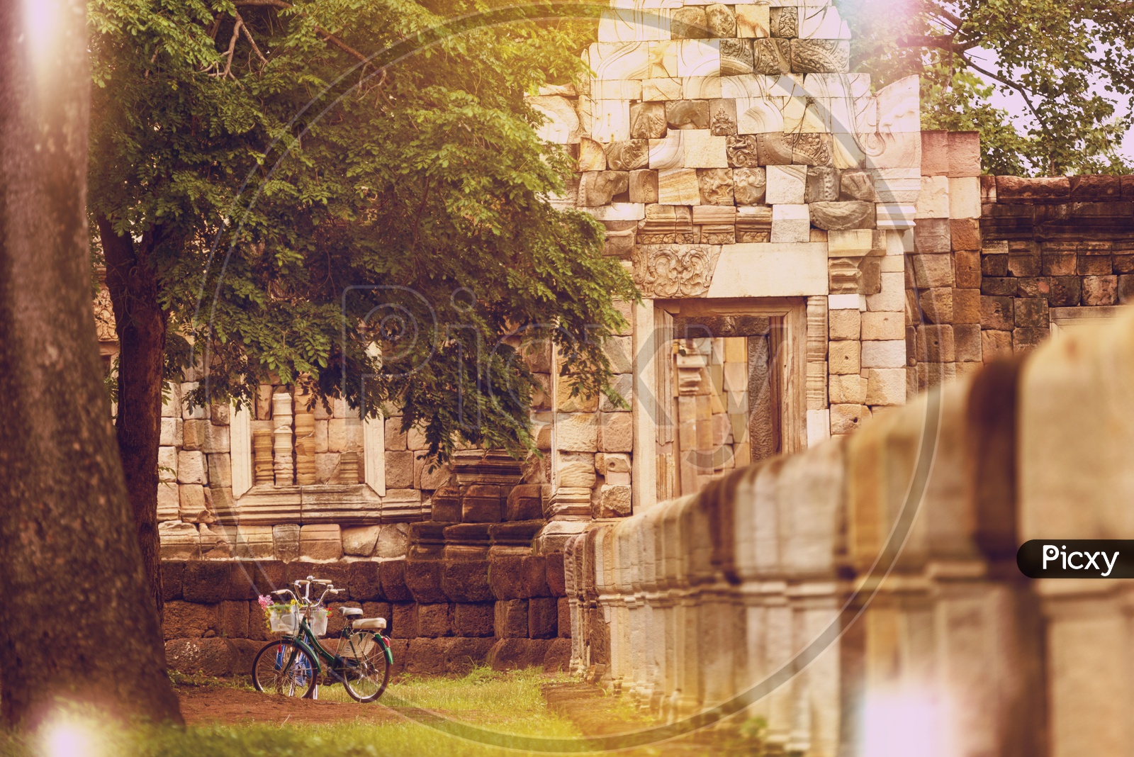 bicycle at old stone temple With  vintage filter