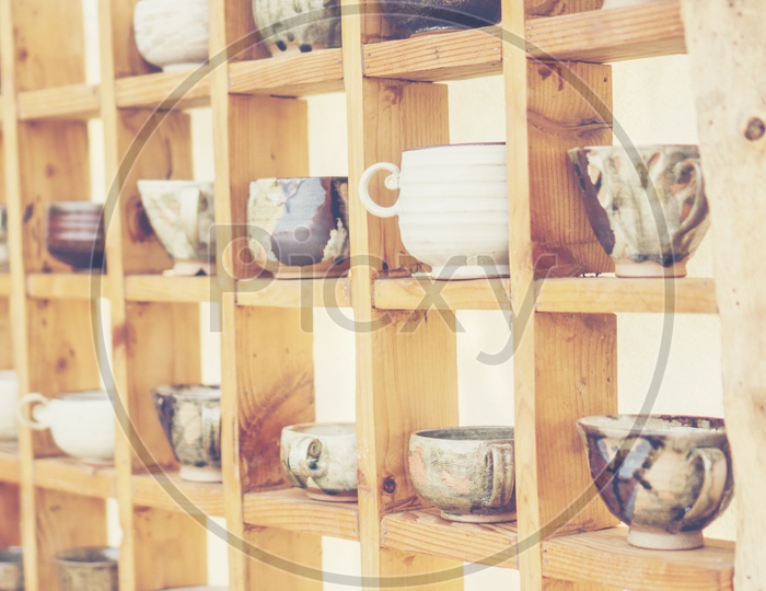 Ceramic  Bowls in a workshop Shelf