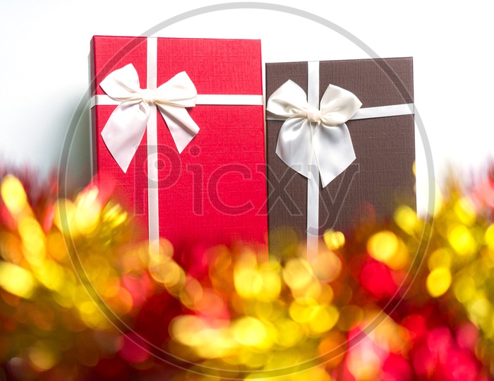 Christmas Gifts With Decorative papers Bokeh  Forming a Template for Christmas  Festival
