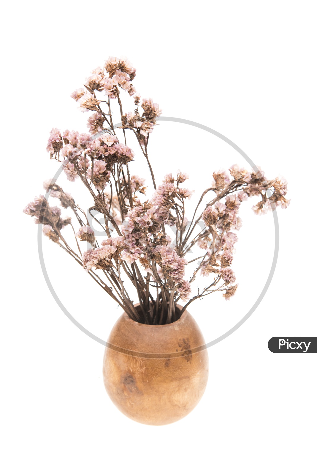 Dried flowers in a wooden vase isolated on white background