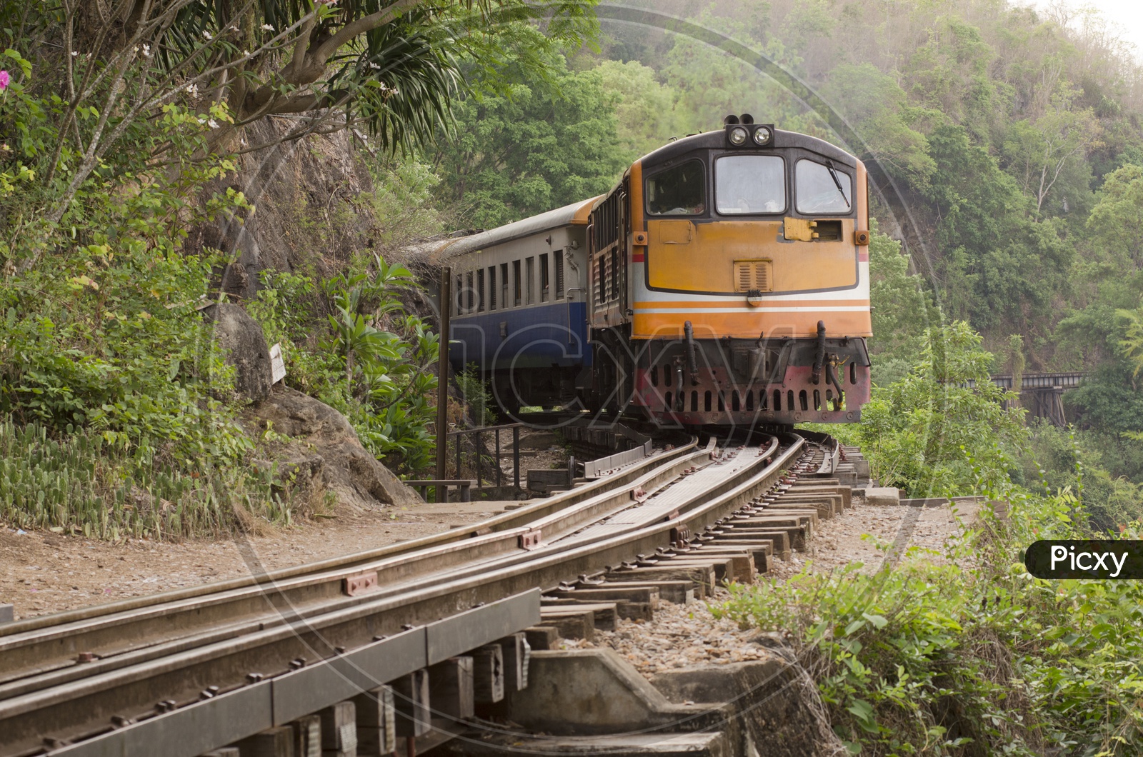 vintage train Running On The Death Railway Track