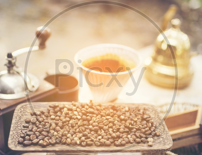 Coffee Beans on Wooden Background