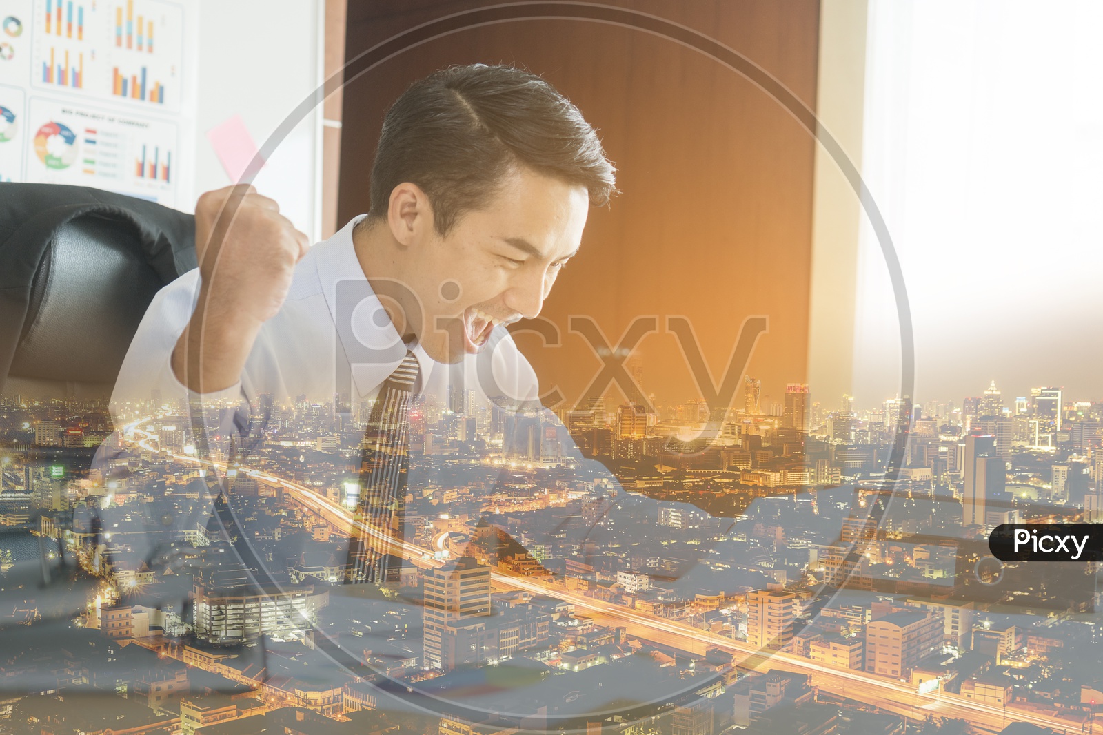 Double exposure of cheerful Asian businessman