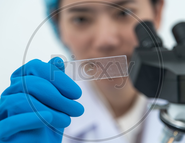 Young Asian Female Scientist Testing a Sample in Microscope