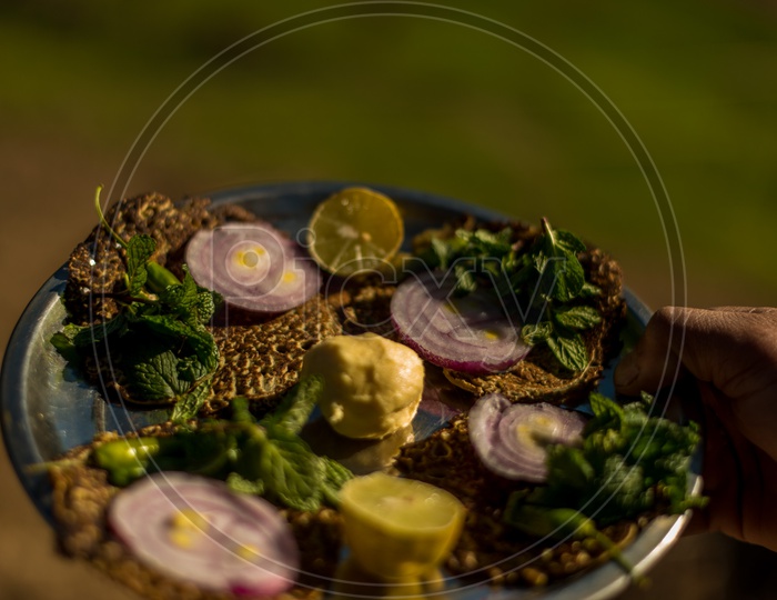 Authentic Himachali food garnished with Onions and Pudina