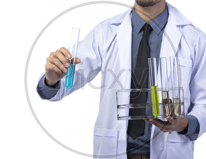 Asian Medical Research Intern Holding Test Tube in Hand at Laboratory Isolated on White Background