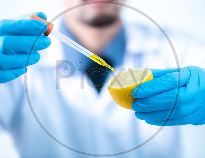 Asian Research Scientist Taking a Sample from Lemon in Hand at Laboratory