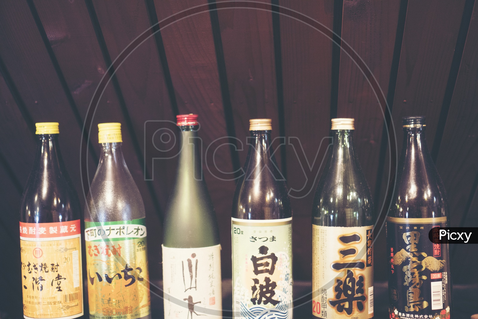 Sake Bottles on display in a Japanese restaurant, Tokyo