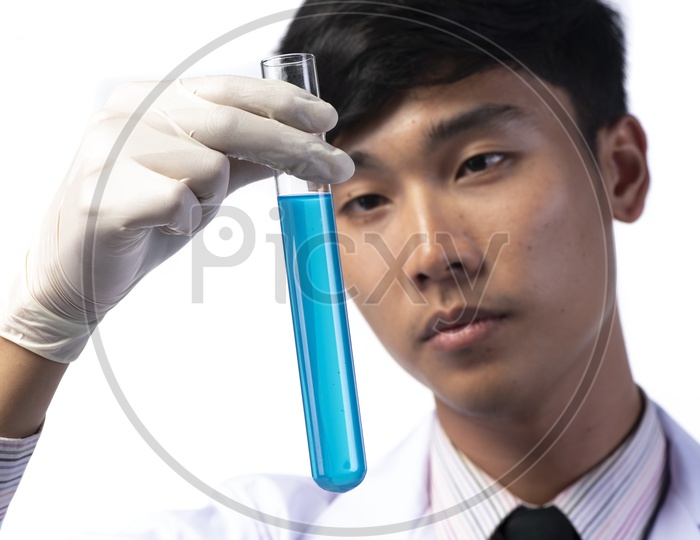 Asian Doctor Holding Test Tube in Hand at Laboratory Isolated on White Background