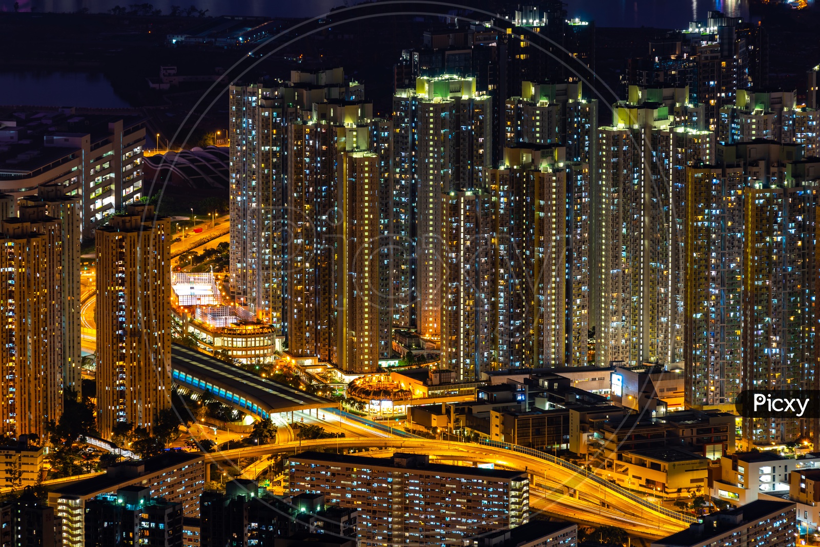 Hong Kong cityscape with overpasses during night