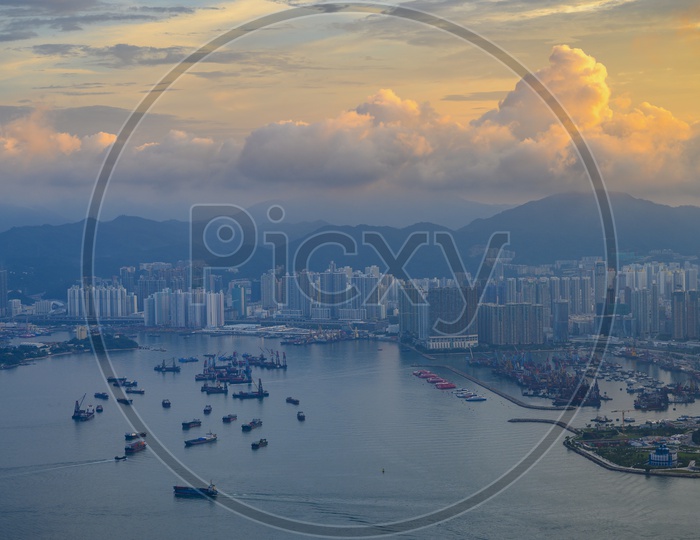 View of Victoria Harbor during Sunrise in Hong Kong