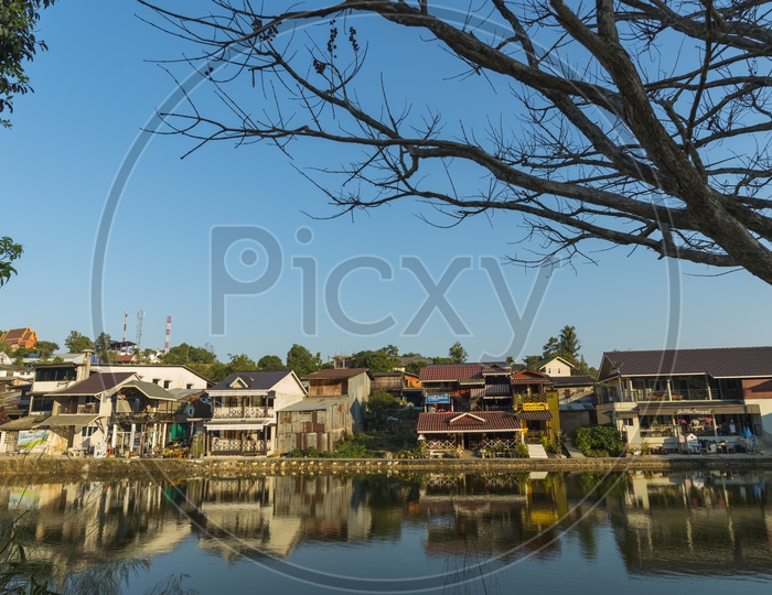 Lake and the village at Ban I-Tong, Kanchanaburi, Thailand