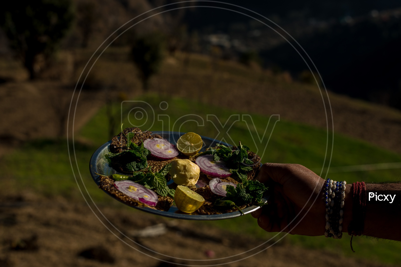 Mouth watering and authentic Himachali food over blured mountain background