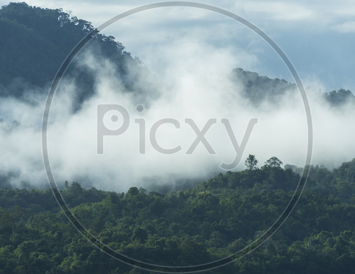 Landscape With Foggy Clouds Over Tropical Forest Mountains  In Thailand