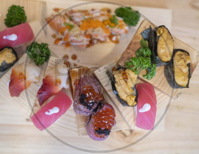 Sushi Food beautifully Presented on an Restaurant table Background