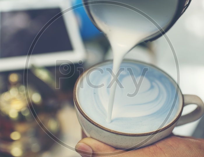 Blue latte coffee art in a cup in Japan