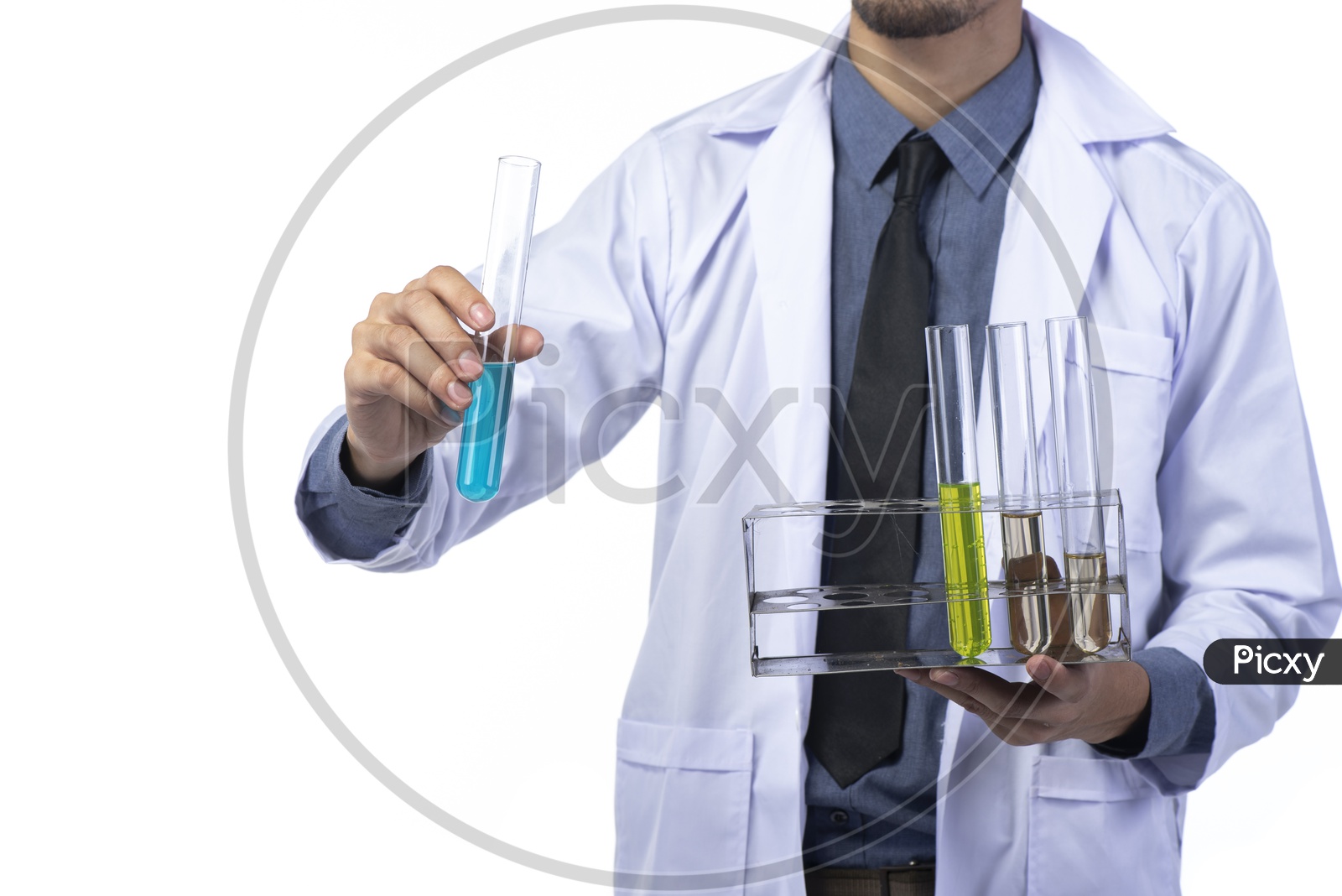 Asian Medical Research Intern Holding Test Tube in Hand at Laboratory Isolated on White Background