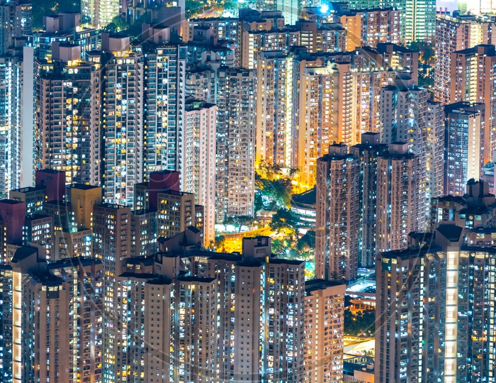 Colorful Hong Kong cityscape during night in China