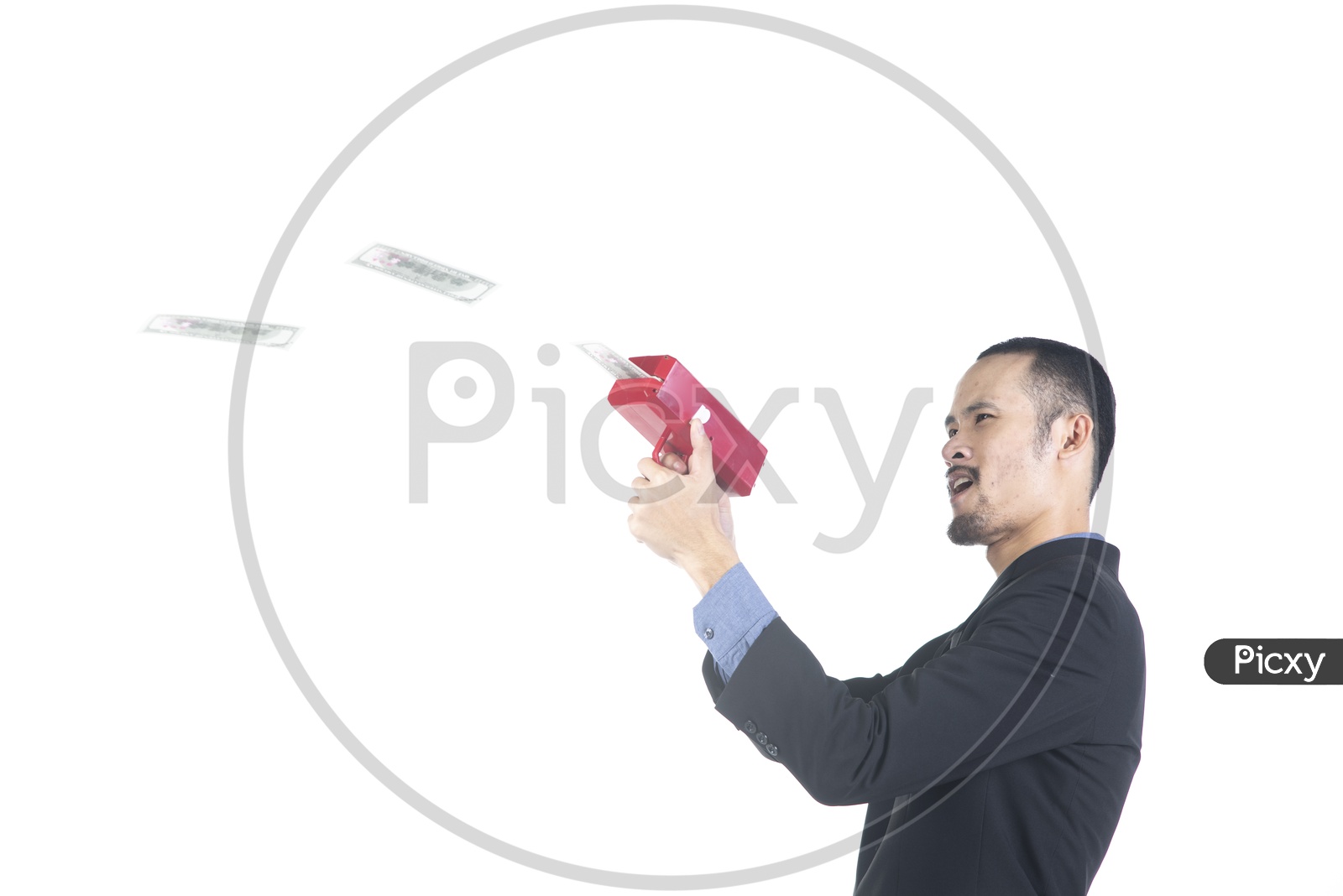 Image of Young Asian Businessman using Gun to shoot Dollars-HI145875-Picxy