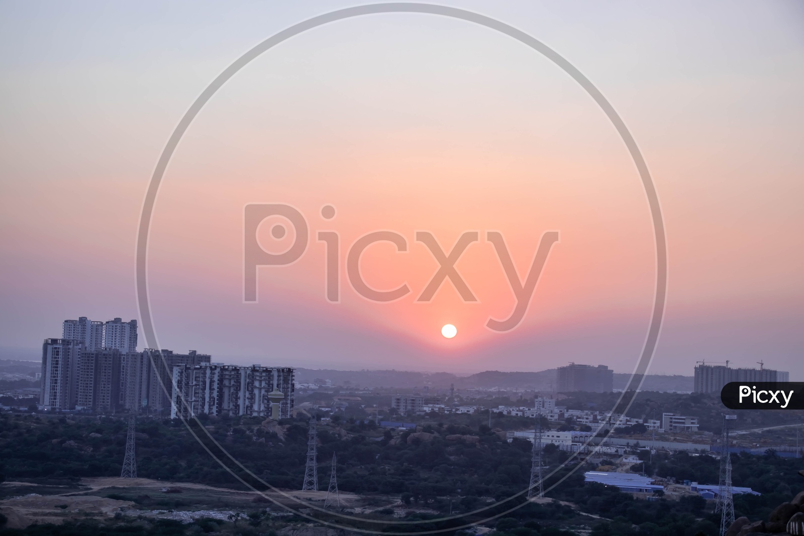 Sunset Over Hyderabad  city Scape With High Rise Buildings