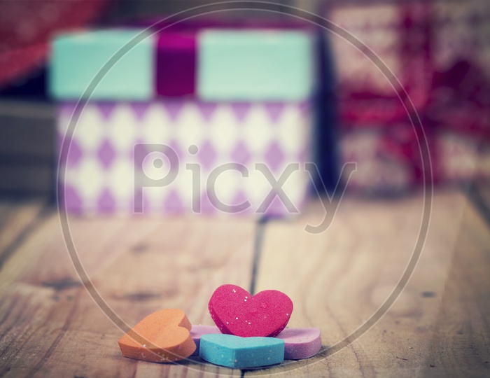 Valentines Day Abstract With Love Hearts On Wooden Background
