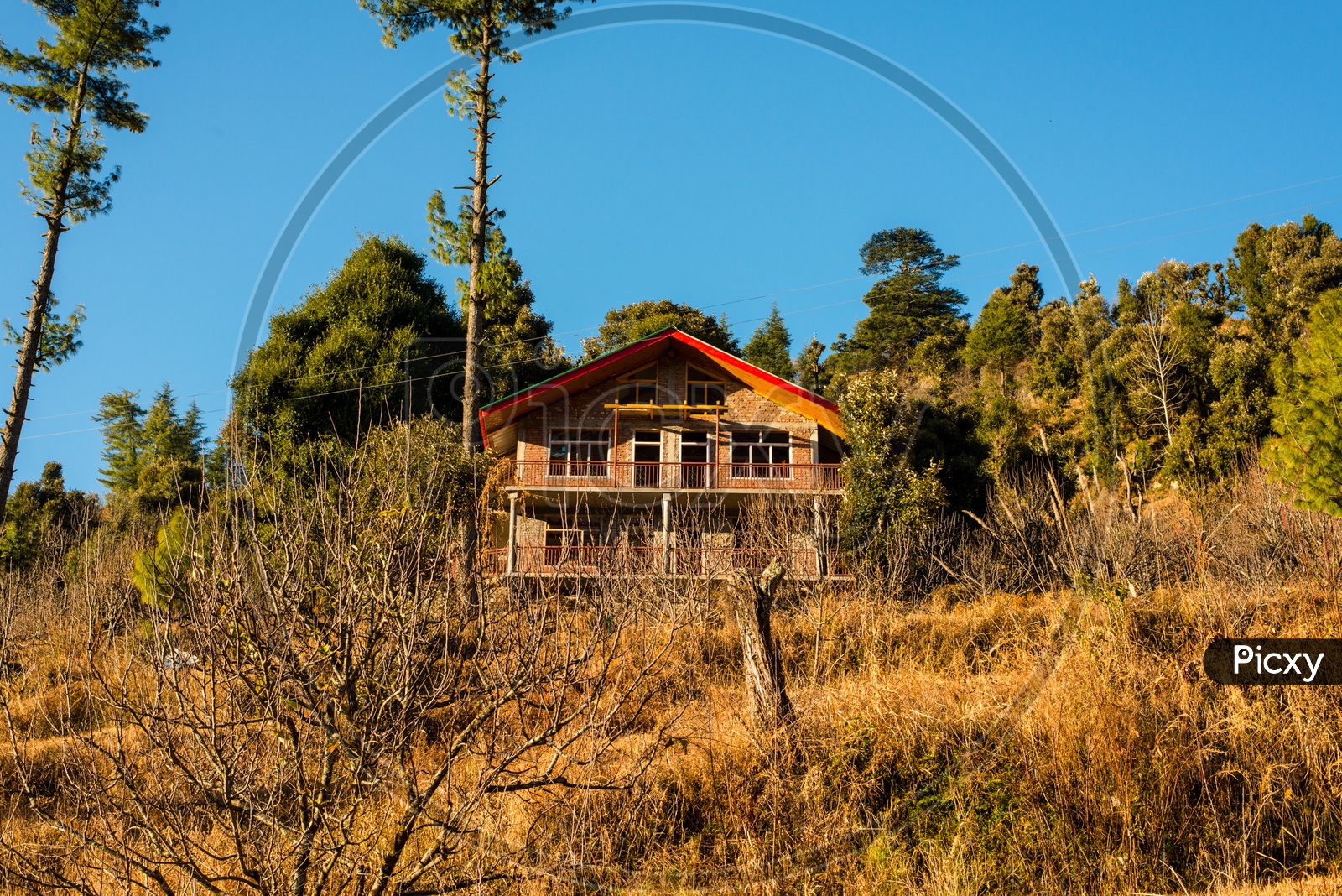 Typical wooden alpine house in Valleys of himachal in himalayas