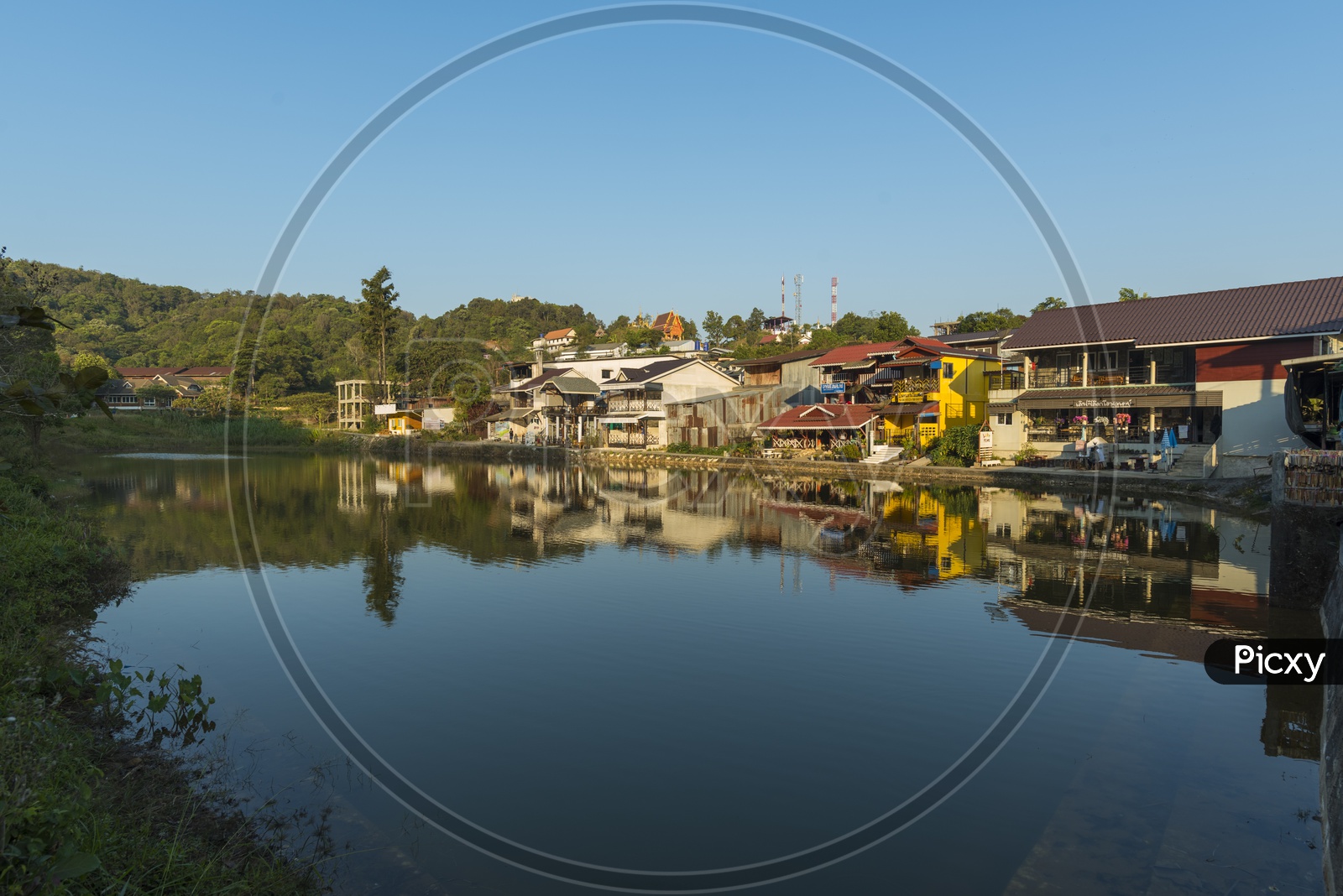 Lake and the village at Ban I-Tong, Kanchanaburi, Thailand