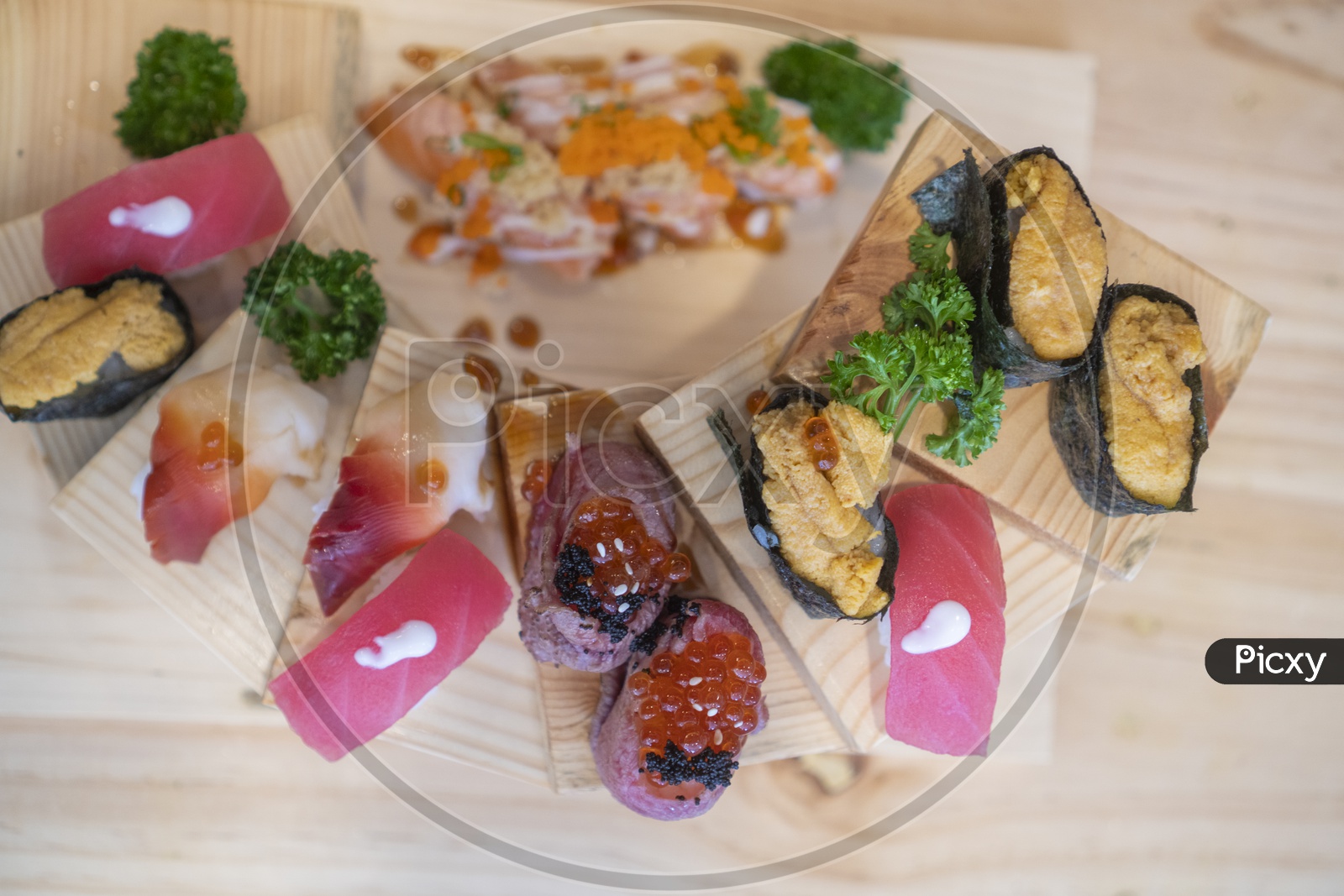 Sushi Food beautifully Presented on an Restaurant table Background