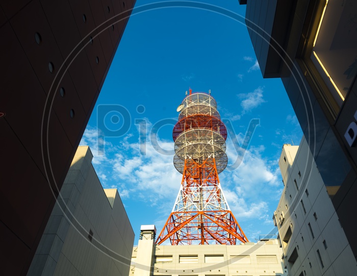 Satellite Signal Receiver Tower or Network Tower Canopy With Blue Sky