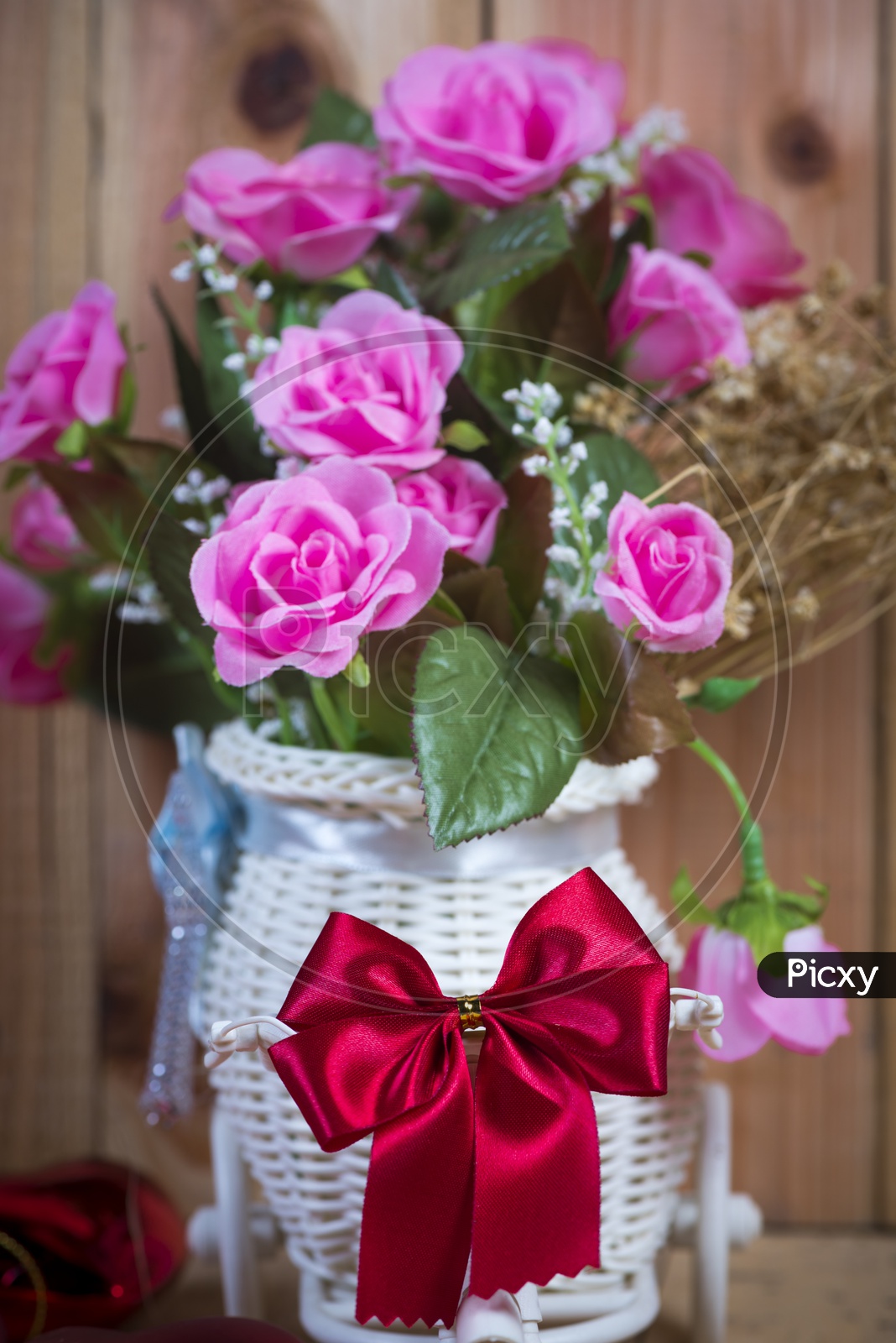 Rose Flowers Bouquet Over Wooden Background With Vintage Filter