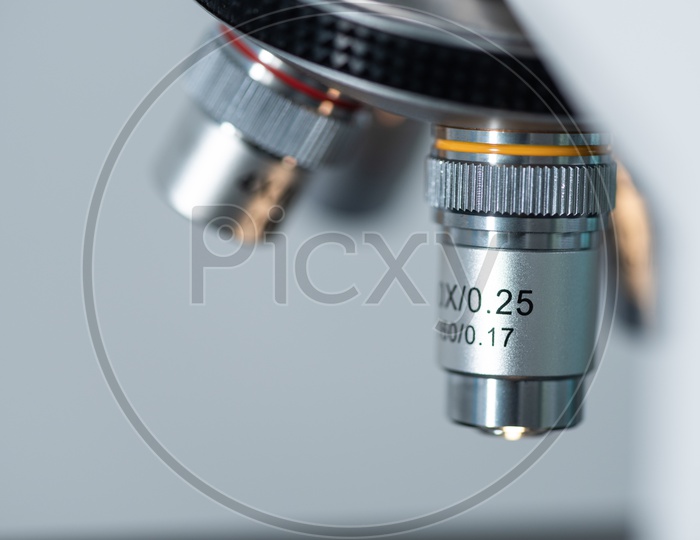 close-up of Microscope lens at laboratory