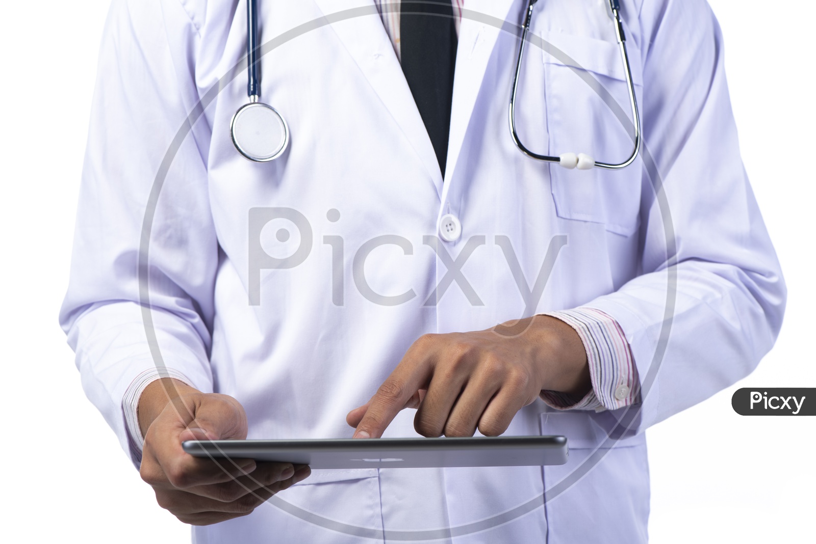Asian Doctor with Stethoscope using Tablet or iPad isolated on white background