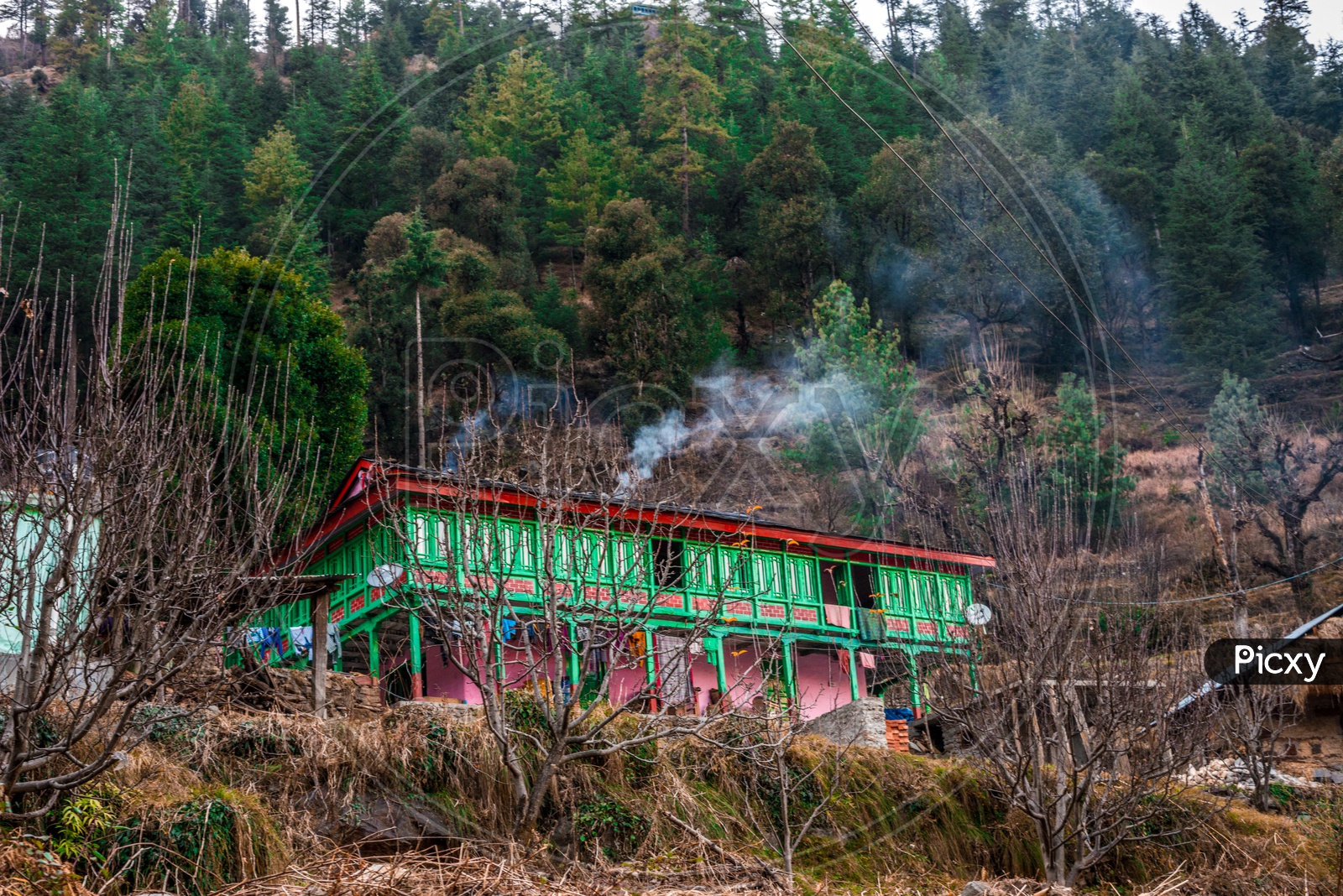 Typical wooden alpine house in himachal in himalayas