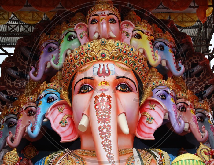 Closeup Of Sri Dwadashaditya Maha Ganapathi Idol In Khairatabad For Ganesh Chathurdhi Festival 2019
